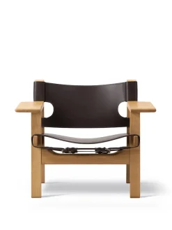 Den Spanske Stol i mørkebrun læder, eg olie af Børge Mogensen