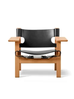 Den Spanske Stol i mørkebrun læder, eg sæbe af Børge Mogensen