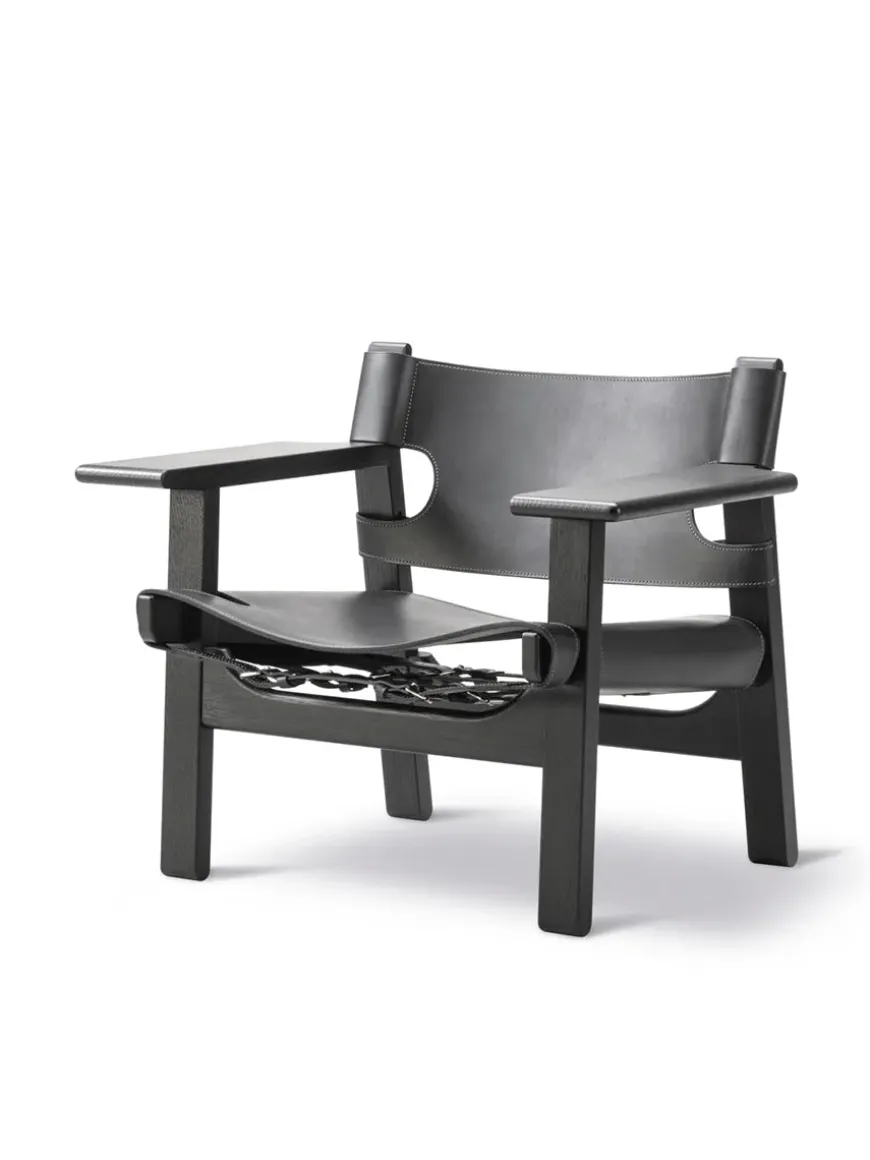 Den Spanske Stol i sort læder, valnød olie af Børge Mogensen