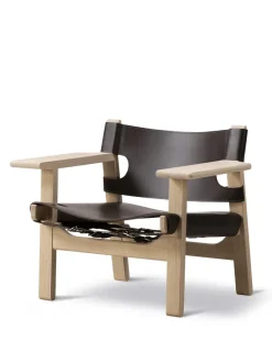 Den Spanske Stol i sort læder, eg olie af Børge Mogensen