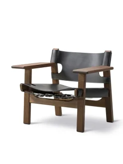 Den Spanske Stol i sort læder, eg olie af Børge Mogensen