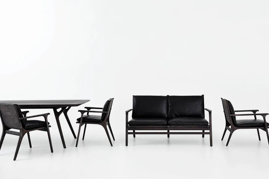 Rén Lounge sofa 2. pers sortmalet eg, sort læder fra Stellar Works